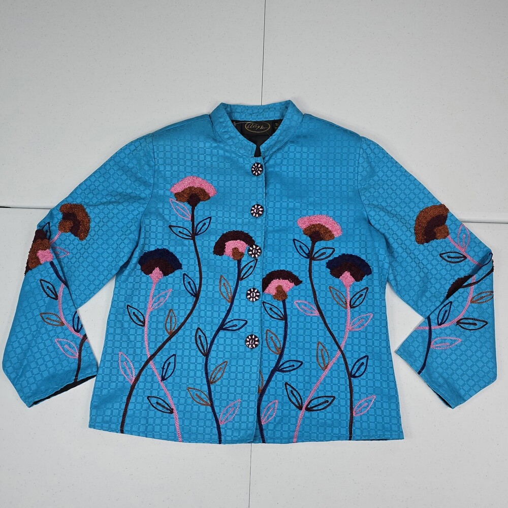 Vintage Alex Kim M Floral Embroidery Art To Wear Turquoise Mandarin Jacket. NOS